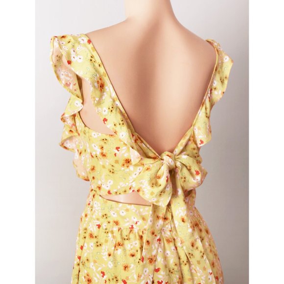 Yellow Floral Ruffle Tie Bow Open Back Cute Romper - Picture 2 of 7